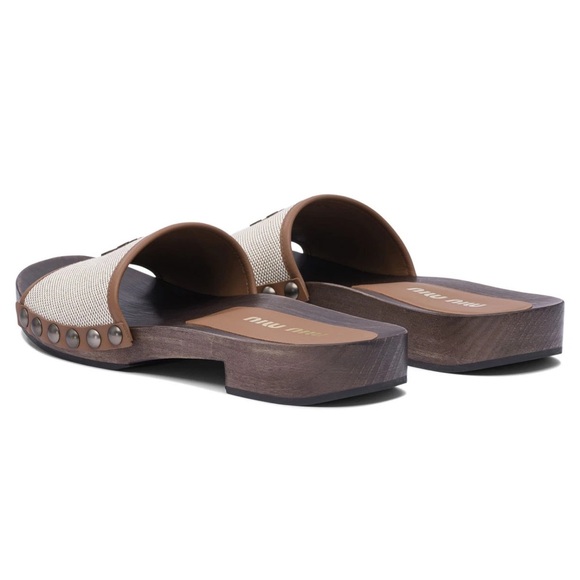 Miu Miu Logo Canvas & Leather Trim Clogs 30 MM Slides Sandals Italy 36 US 6 New - Picture 2 of 7